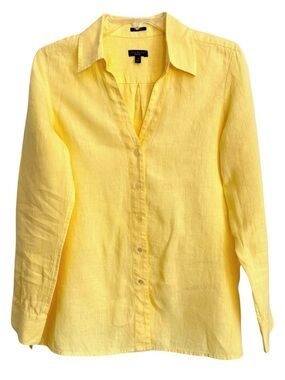 Talbots Size 10 Pure Irish Linen Yellow Button Front Long Sleeve Blouse